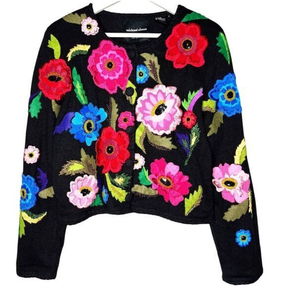 MICHAEL SIMON Embroidered Floral Sweater Cardigan Size‎ Medium